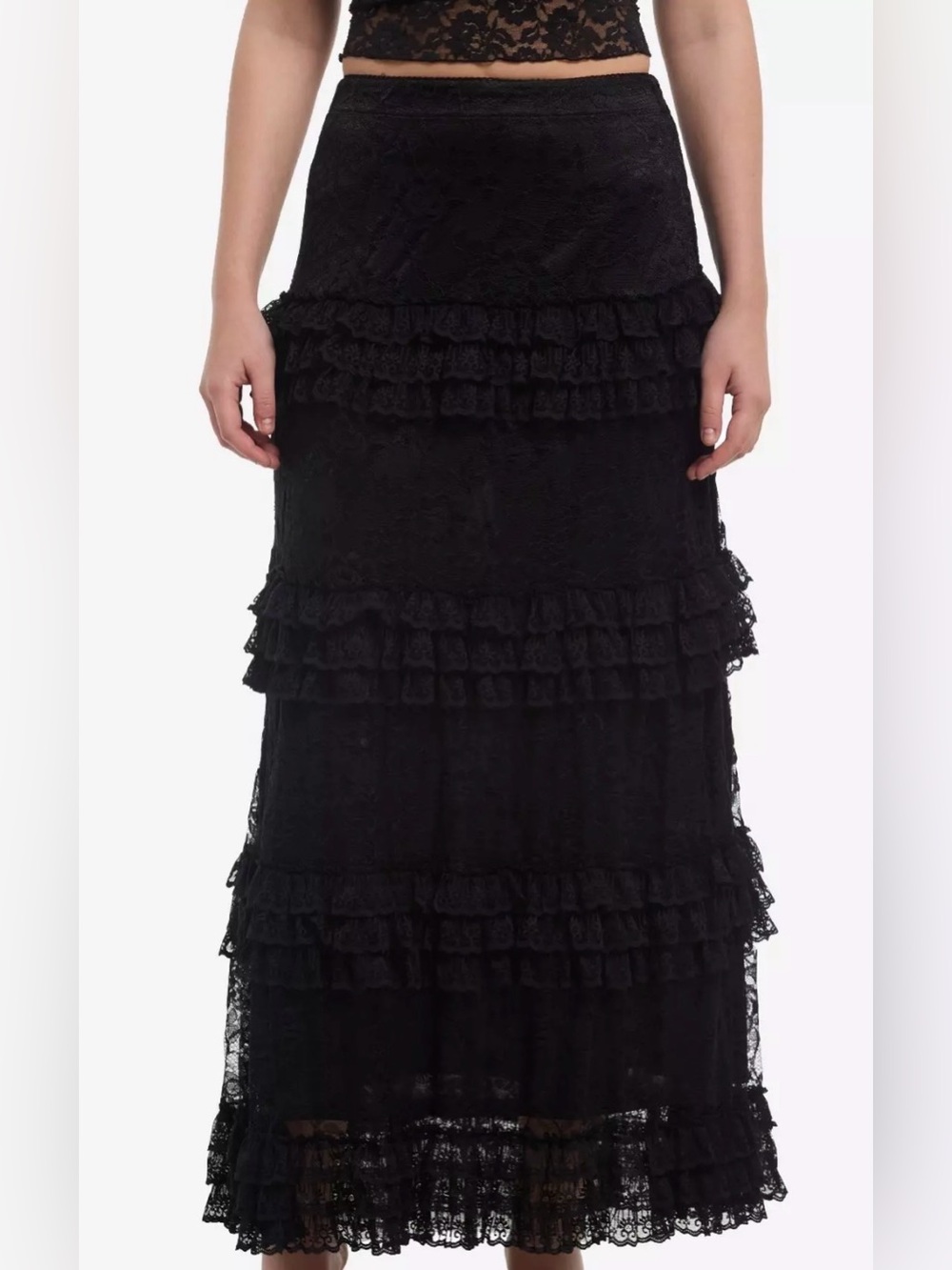 Cosmic Aura Black Lace Tiered Midaxi Skirt. Size Juniors Large